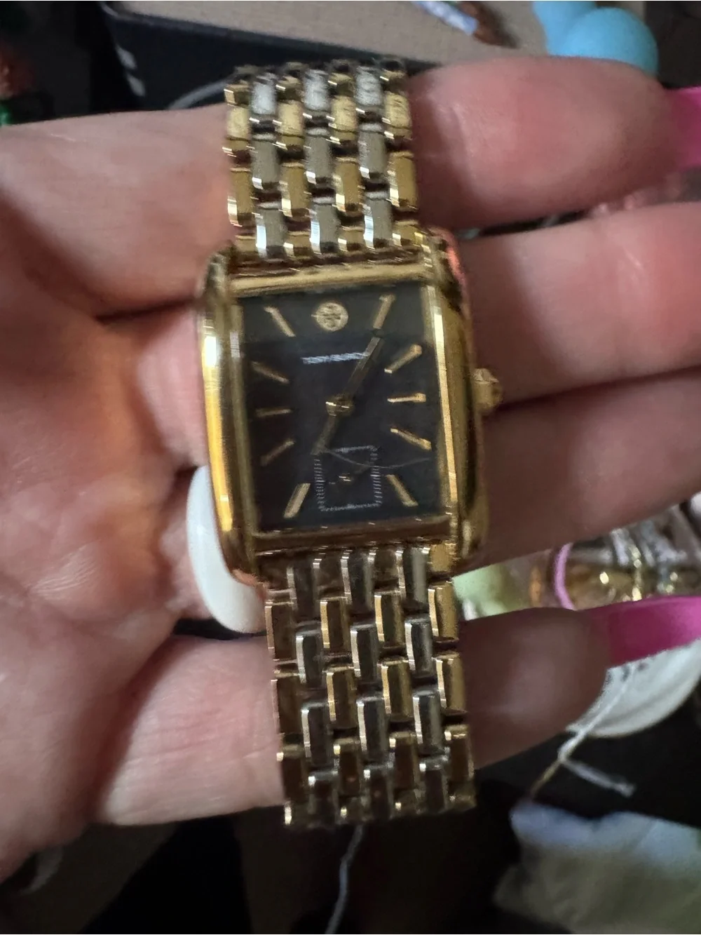 TORY BURCH ELEANOR MOTHER OF PEARL BLACK DIAL TWO TONE STEEL STRAP WATCH